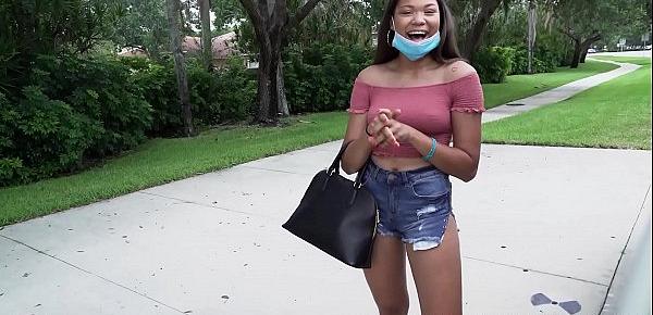 Hot black teen gets paid to flash her tits and get on the bus